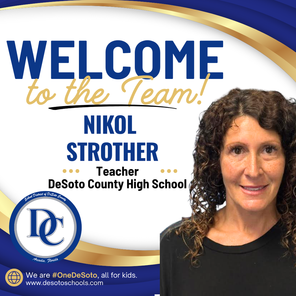 blue, white and gold graphic with "Welcome to the Team!" and  a photo of a woman wearing an black shirt