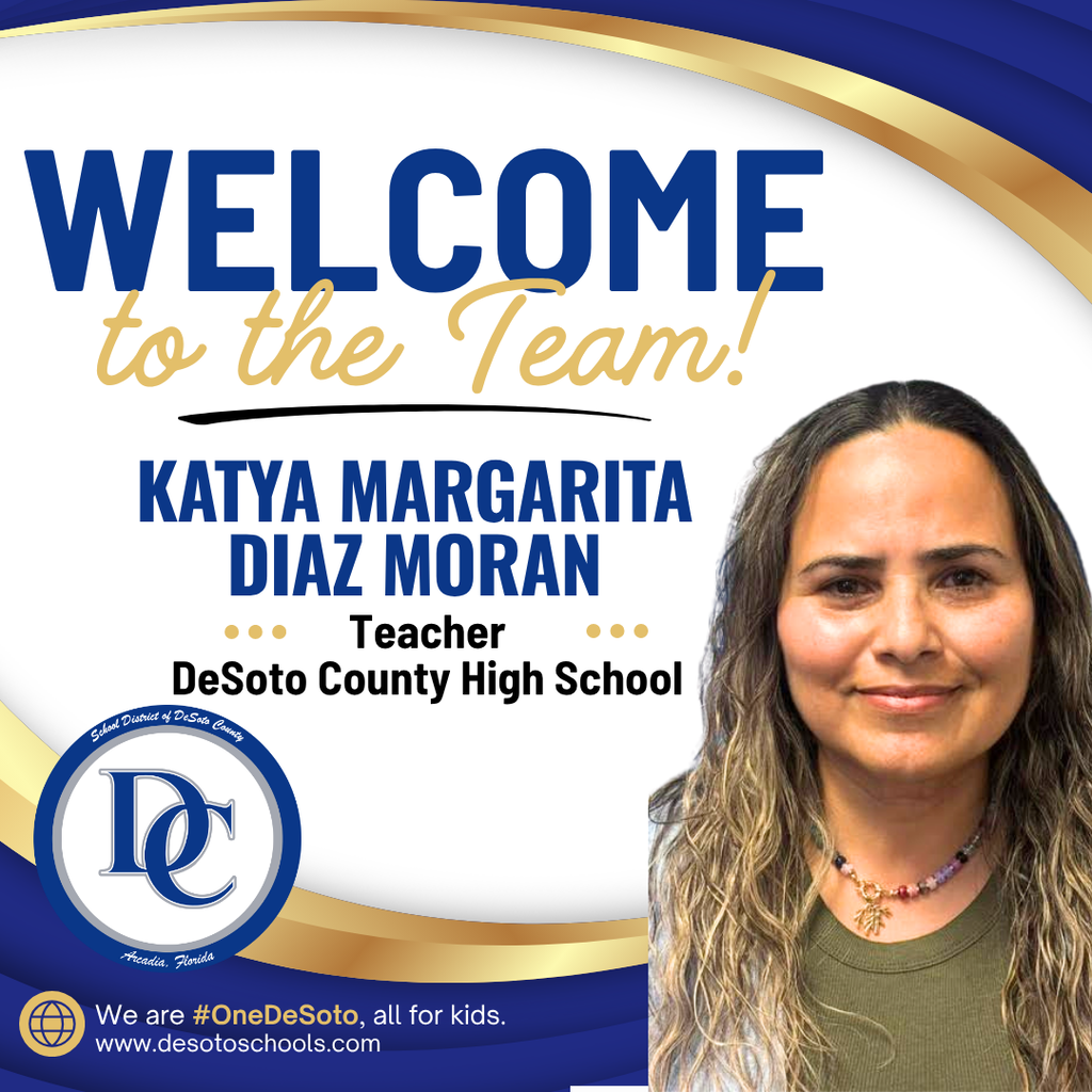 blue, white and gold graphic with "Welcome to the Team!" and  a photo of a woman wearing an green shirt