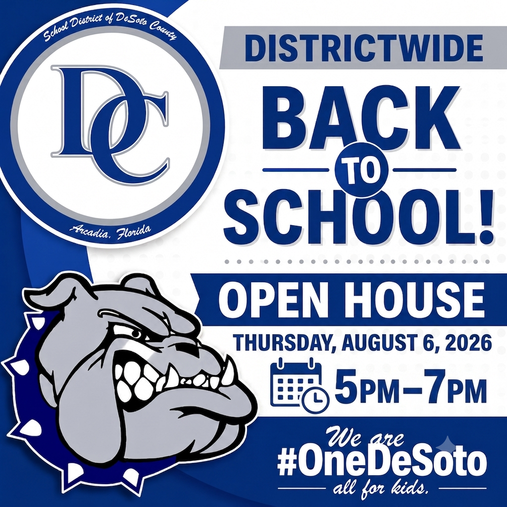 blue, grey, and white graphic with a bulldog and the words Back to School Districtwide Open HOuse Thursday August 6, 2026, 5pm-7pm