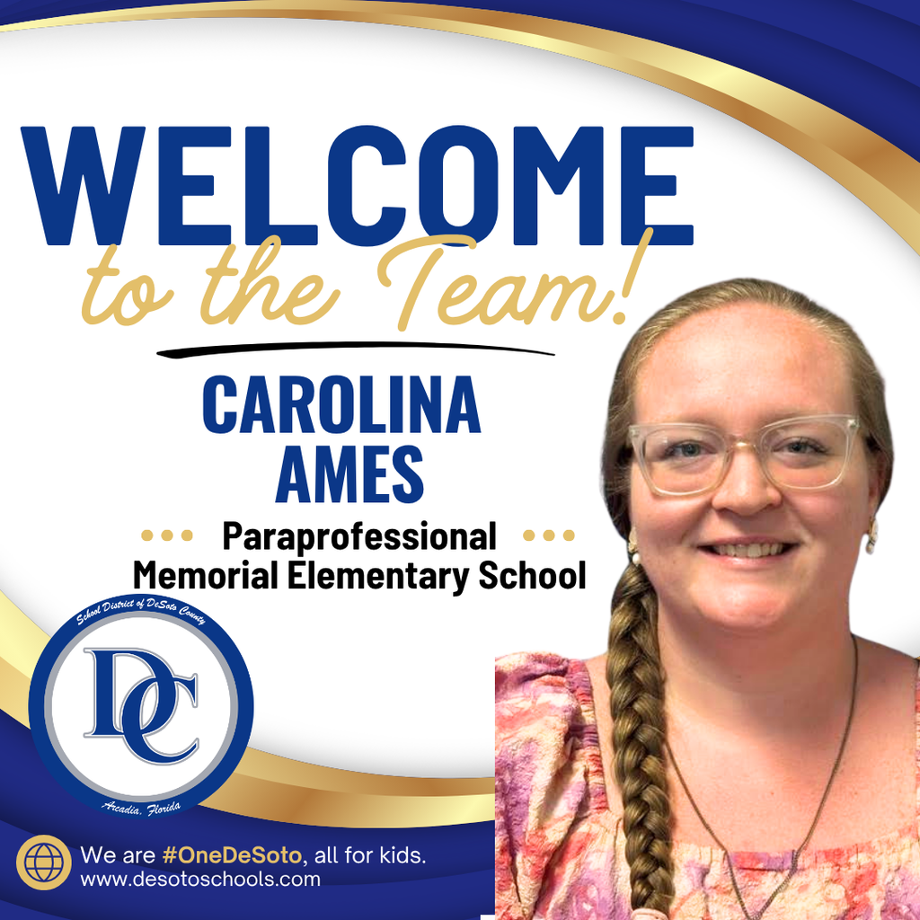 blue, white and gold graphic with "Welcome to the Team!" and  a photo of a woman wearing an multicolored shirt