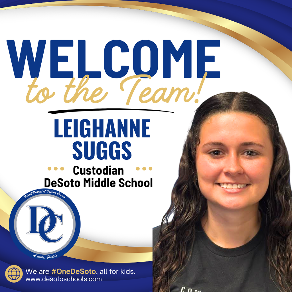 blue, white and gold graphic with "Welcome to the Team!" and  a photo of a woman wearing an black shirt