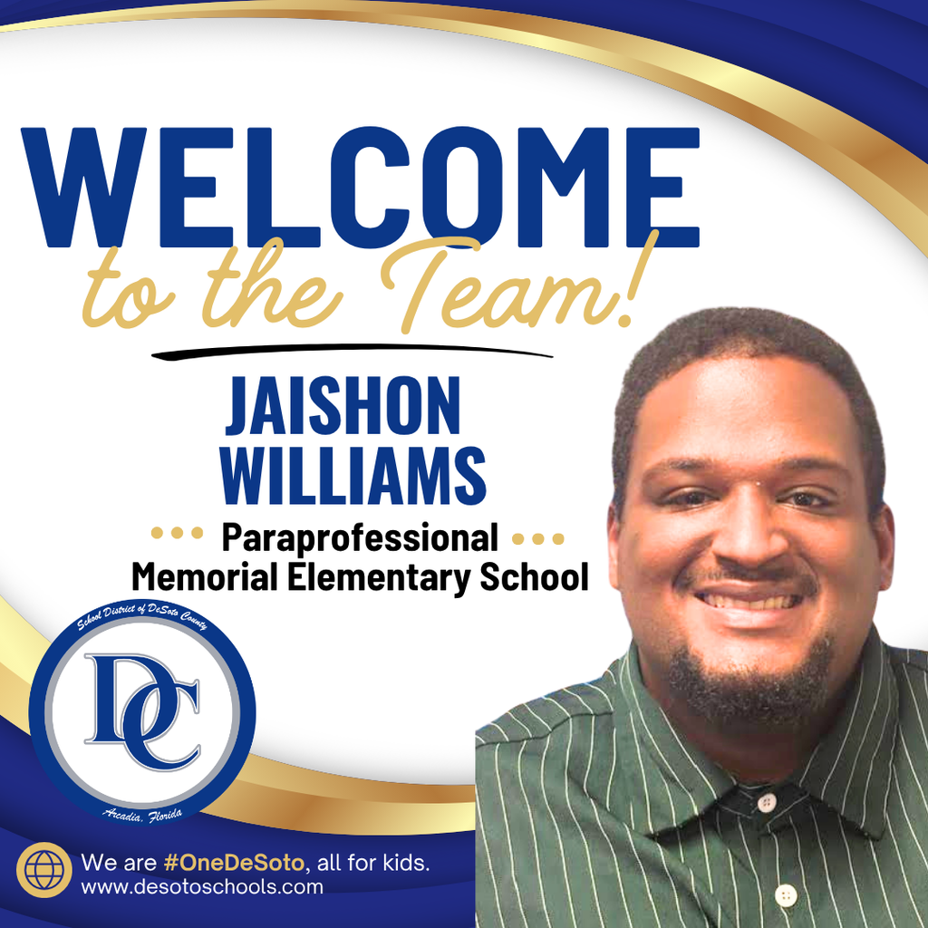 blue, white and gold graphic with "Welcome to the Team!" and  a photo of a man wearing an green shirt