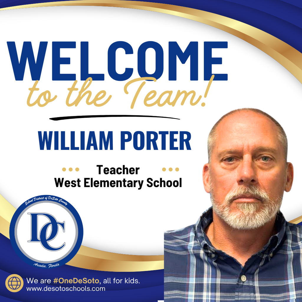 blue, white and gold graphic with "Welcome to the Team!" and  a photo of a woman wearing a plaid shirt