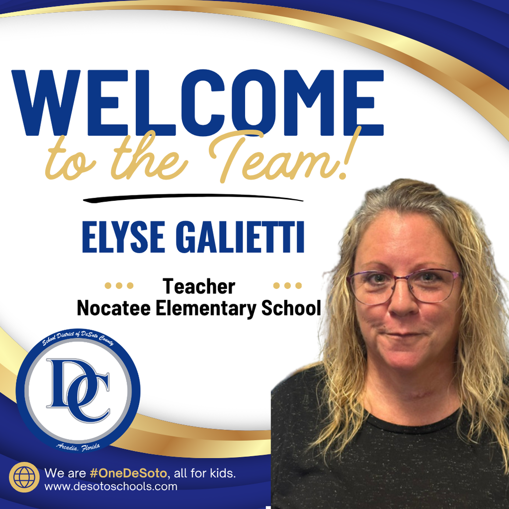 blue, white and gold graphic with "Welcome to the Team!" and  a photo of a woman wearing an black shirt