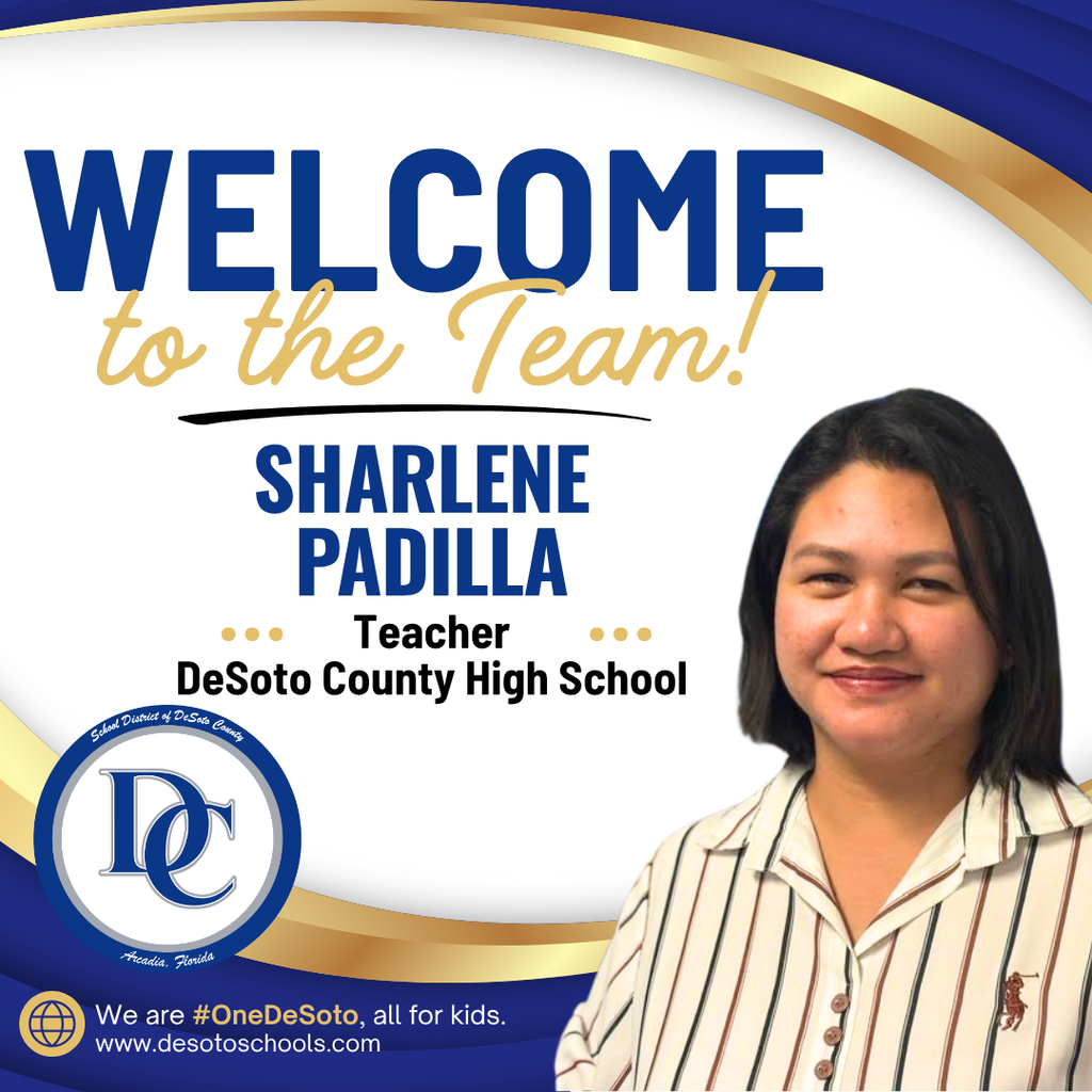 blue, white and gold graphic with "Welcome to the Team!" and  a photo of a woman wearing a striped shirt