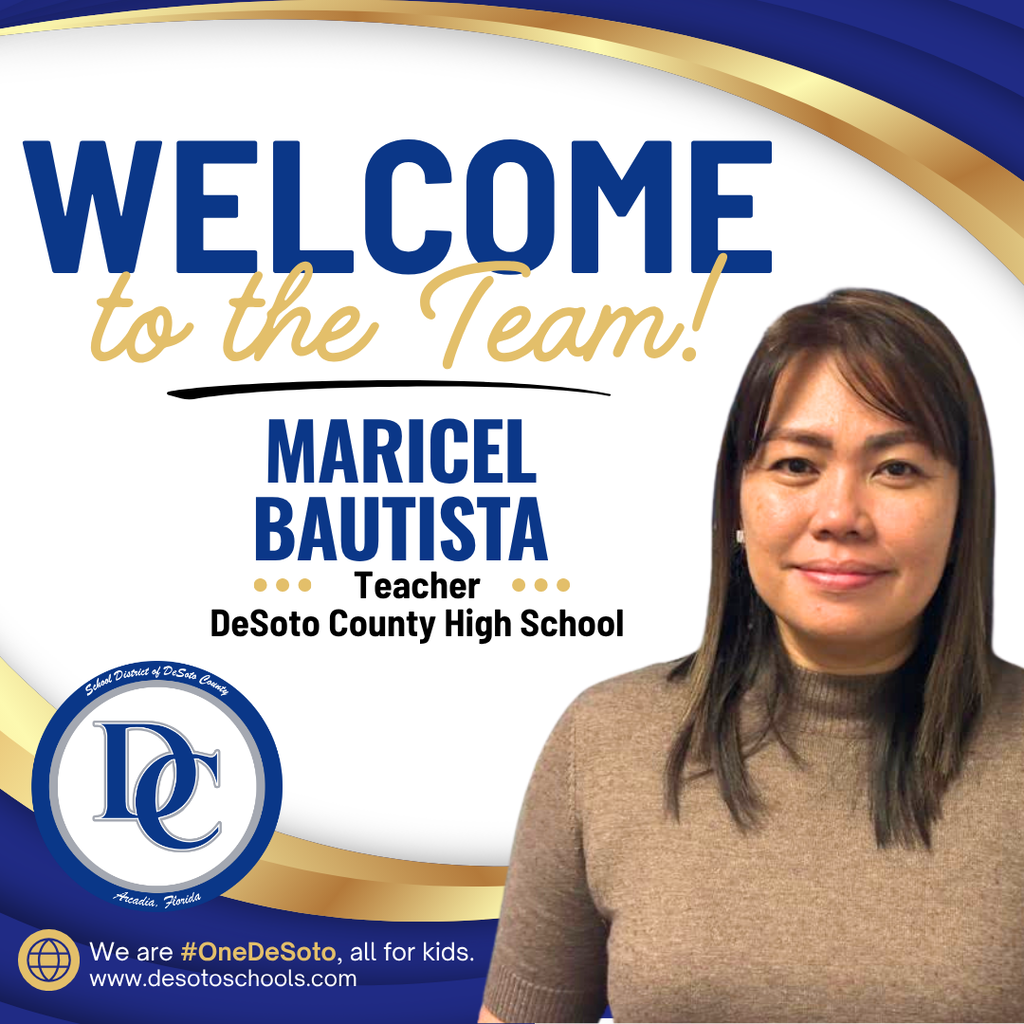 blue, white and gold graphic with "Welcome to the Team!" and  a photo of a woman wearing an brown shirt