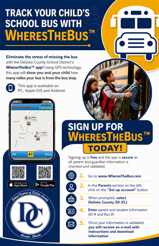 graphic with kids and a bus "WheresTheBus" giving directions on how to sign up
