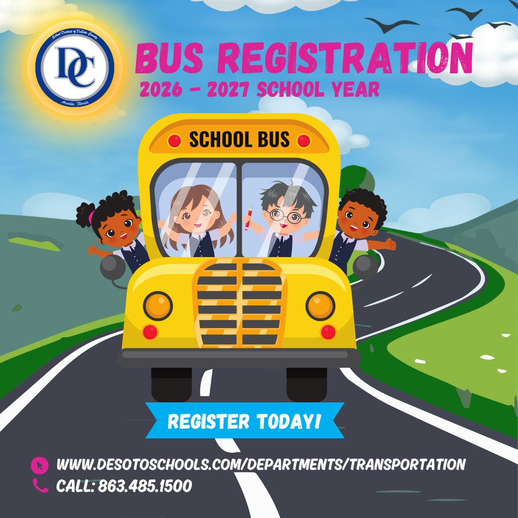 graphic with school bus and kids on a road, bus registration  26-27 school year, Register Today!