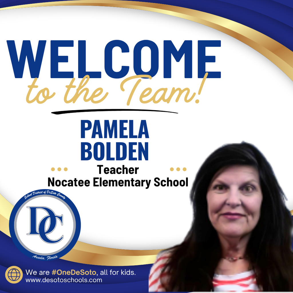 blue, white and gold graphic with "Welcome to the Team!" and  a photo of a woman wearing a striped shirt