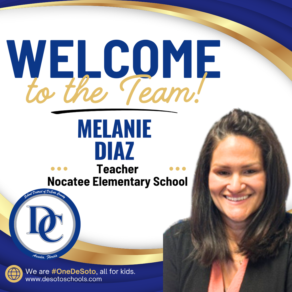 blue, white and gold graphic with "Welcome to the Team!" and  a photo of a woman wearing a black jacket