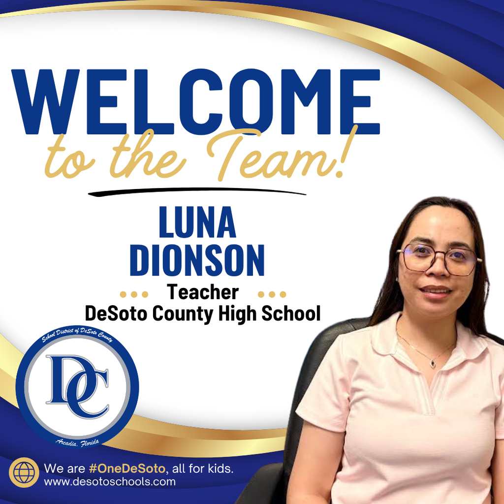 blue, white and gold graphic with "Welcome to the Team!" and  a photo of a woman wearing a peach shirt