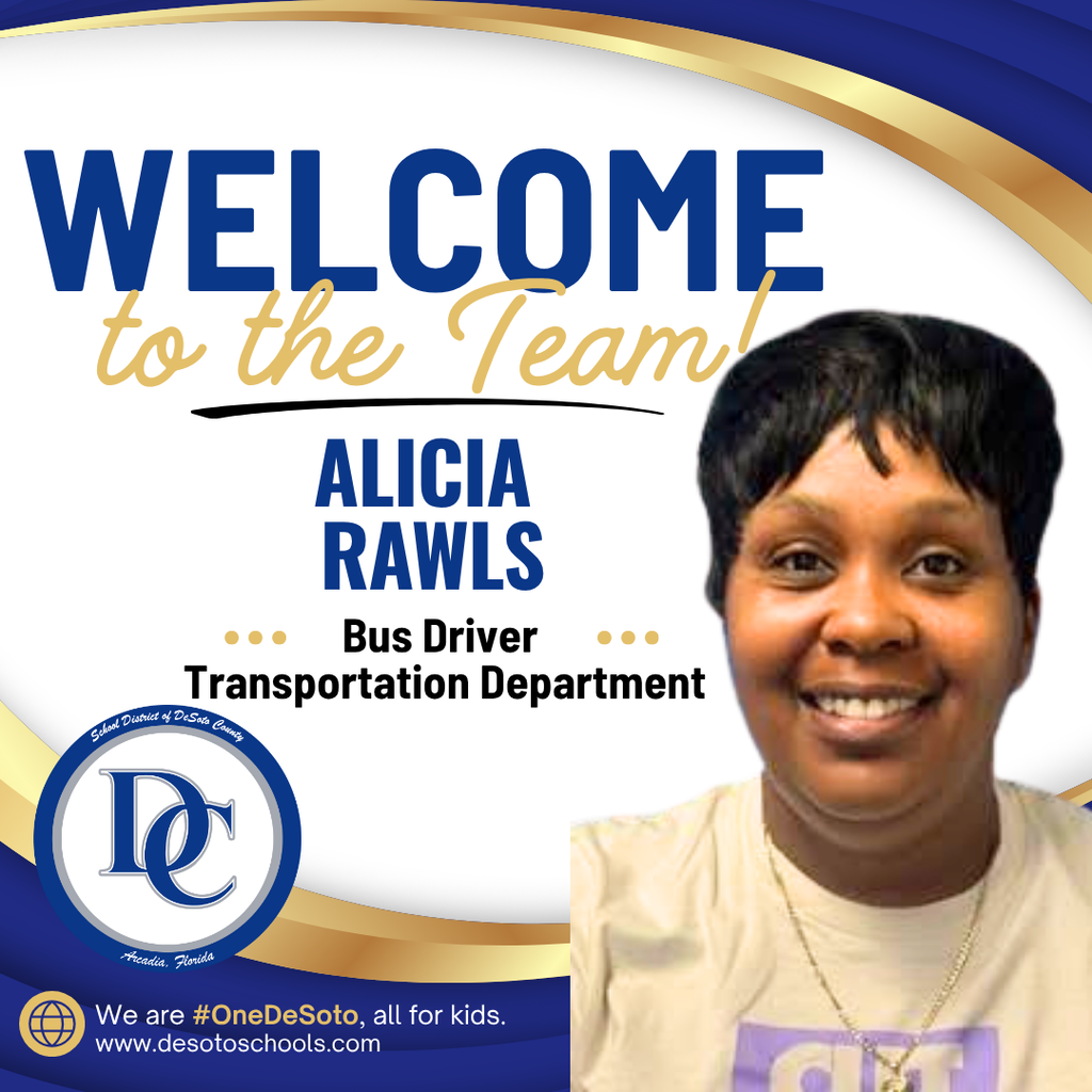 blue, white and gold graphic with "Welcome to the Team!" and  a photo of a woman wearing a cream shirt