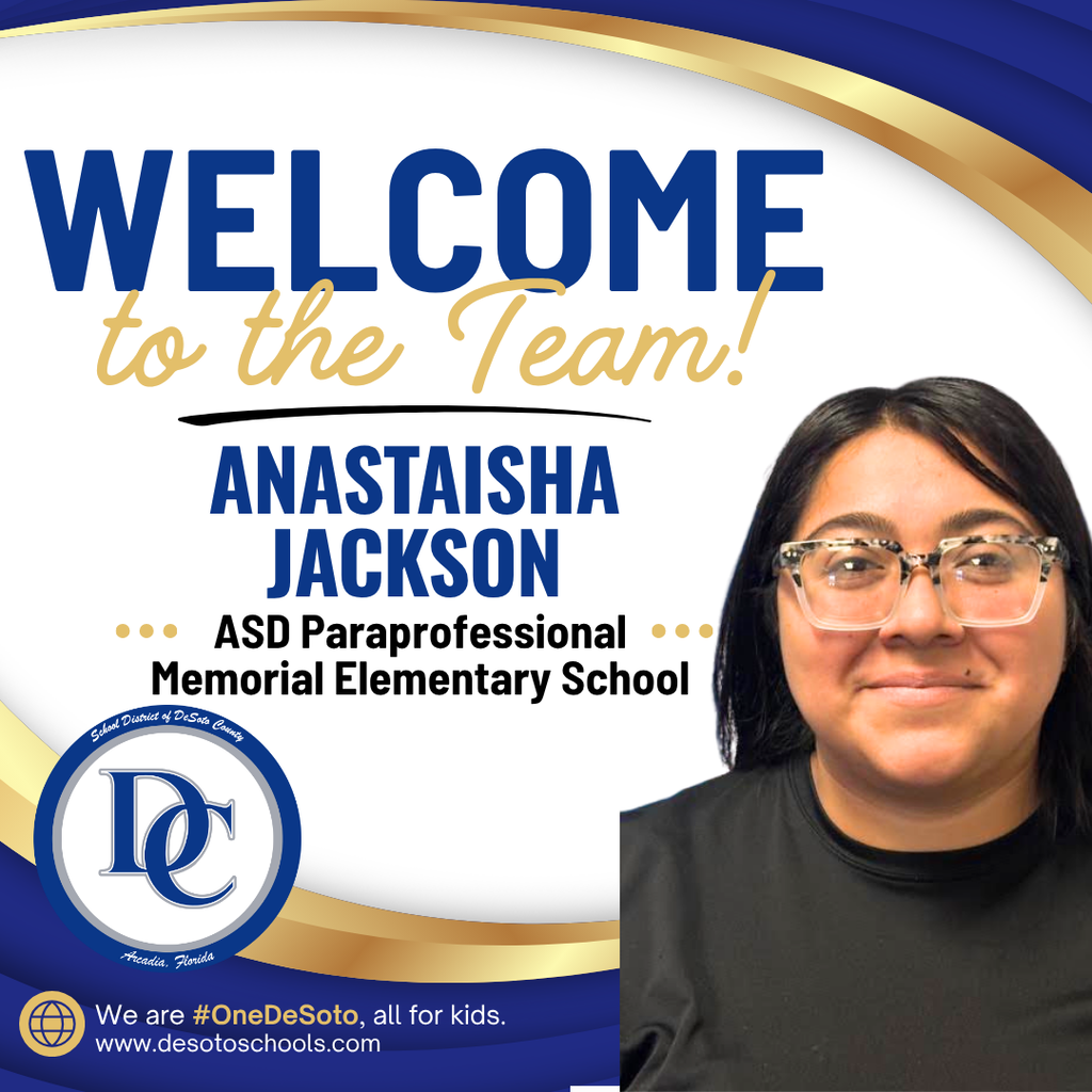 blue, white and gold graphic with "Welcome to the Team!" and  a photo of a woman wearing a black shirt