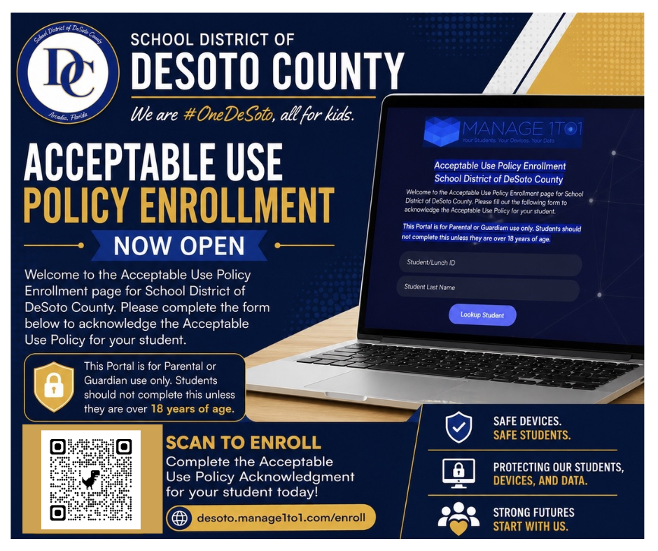 blue, white and gold graphic with "Acceptable Use Policy Enrollment" Now Open with QR code and website