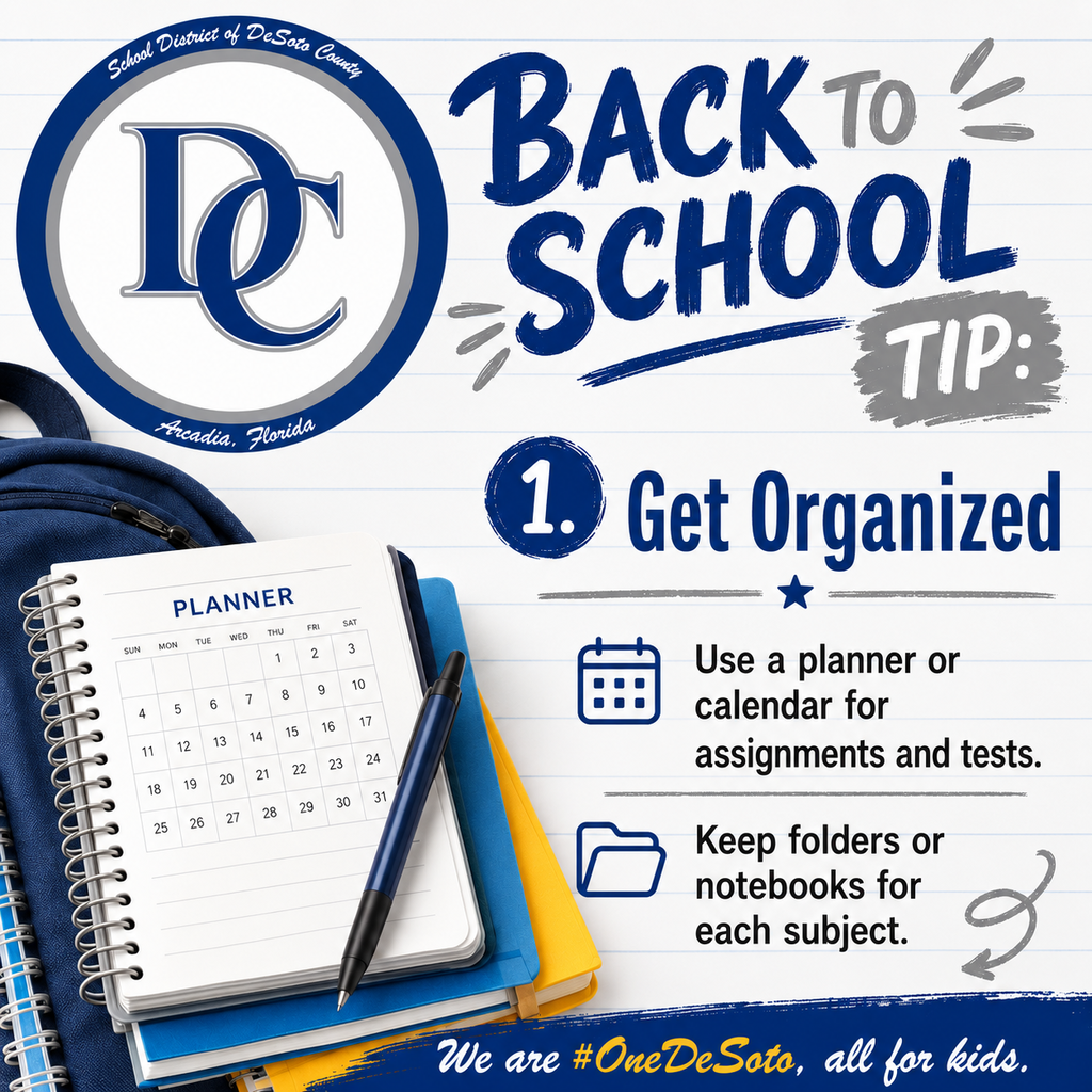 graphic with DC logo, blue, white, and yellow "Back to School Tip: 1. Get Organized"