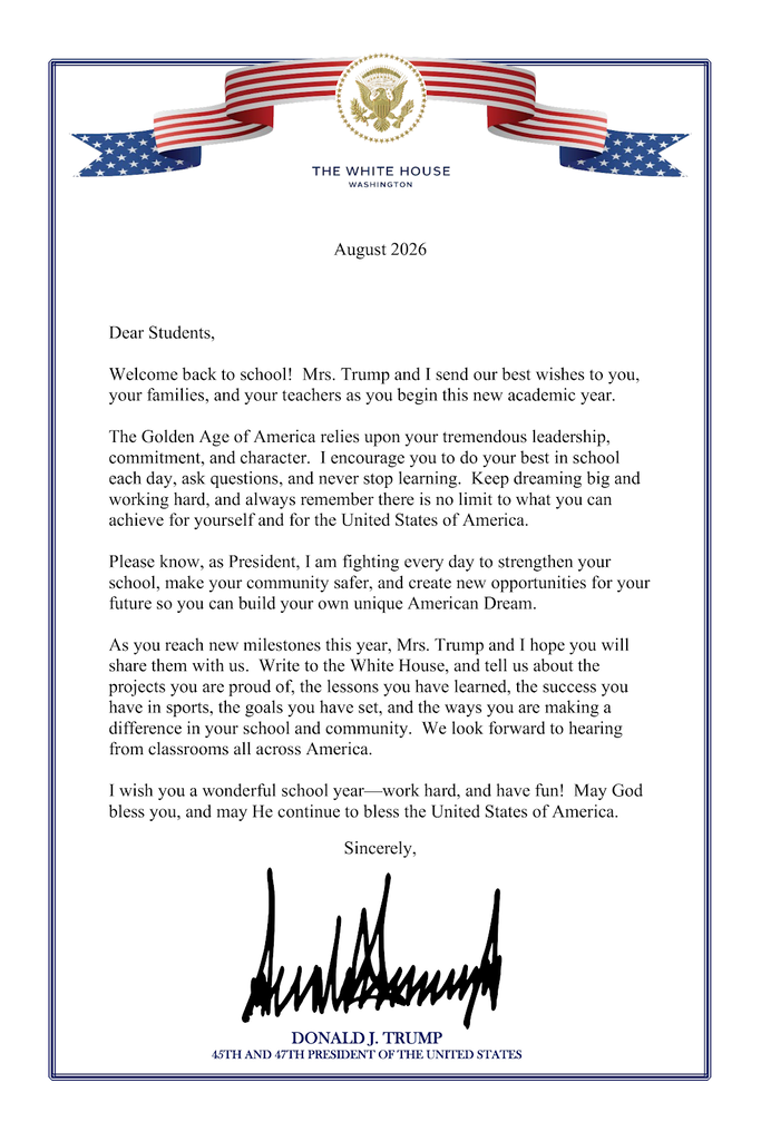 Letter from the president welcoming students back to school 