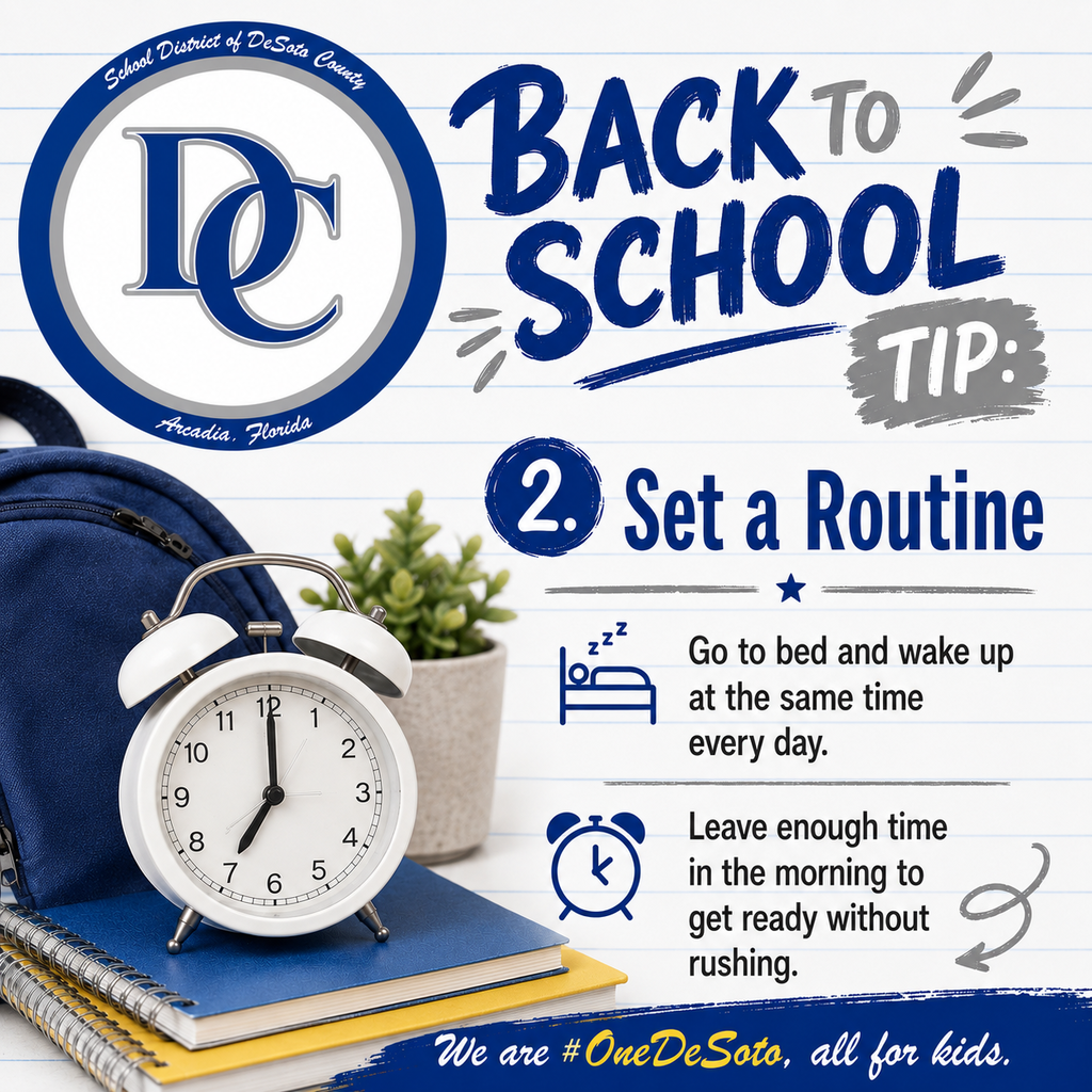 graphic with backpack, clock and DC logo "Back to School Tip 2. Set a Routine"