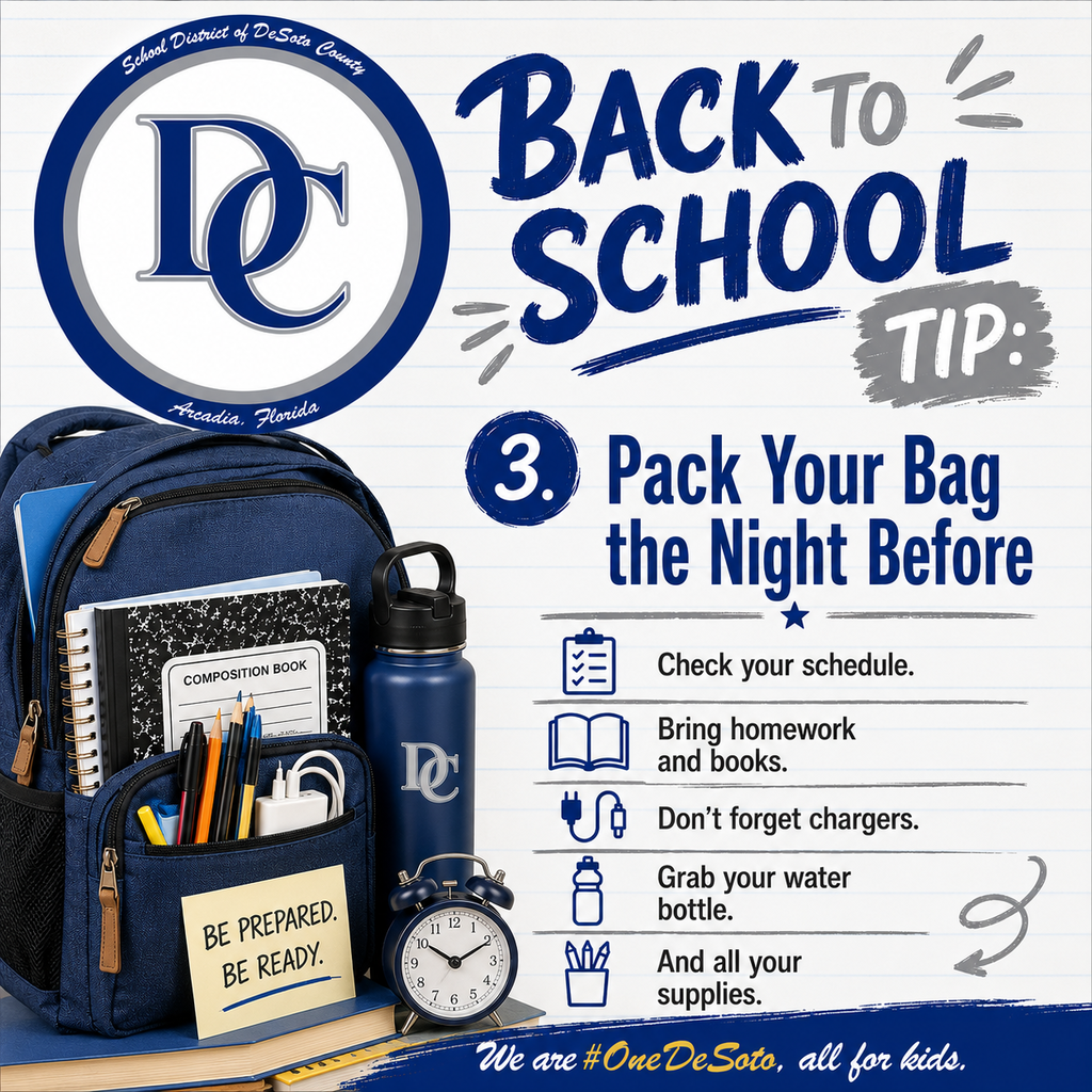 blue, grey and white graphic with "Back To School Tip: 3. Pack Your Bag the NIght Before" 