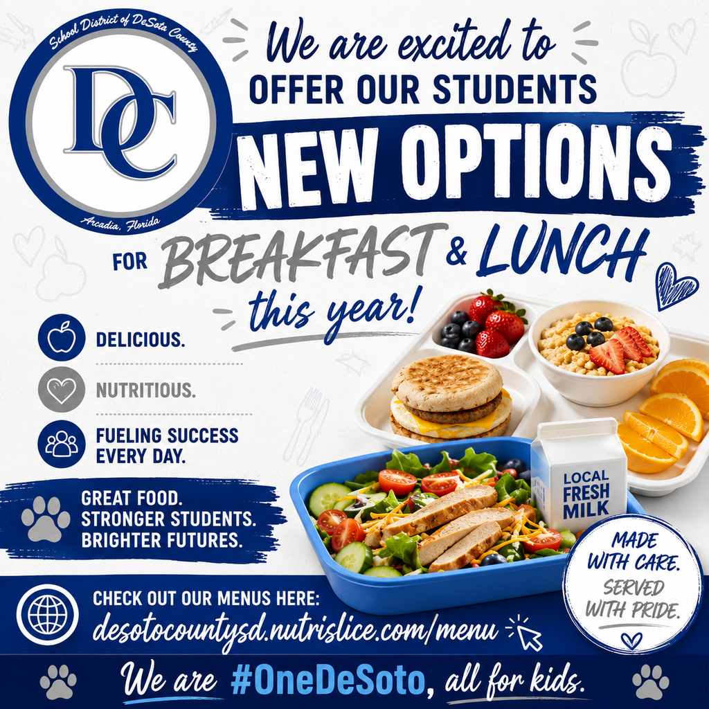 graphic about new options for breakfast and lunch with pictures of food and DC logo