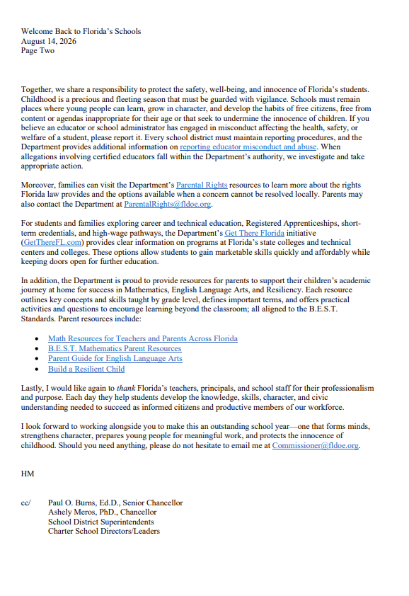 Welcome Back Memo from Dr. Henry Mack (page 2)