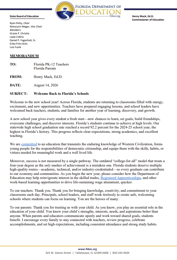 Welcome Back Memo from Dr. Henry Mack (page 1)