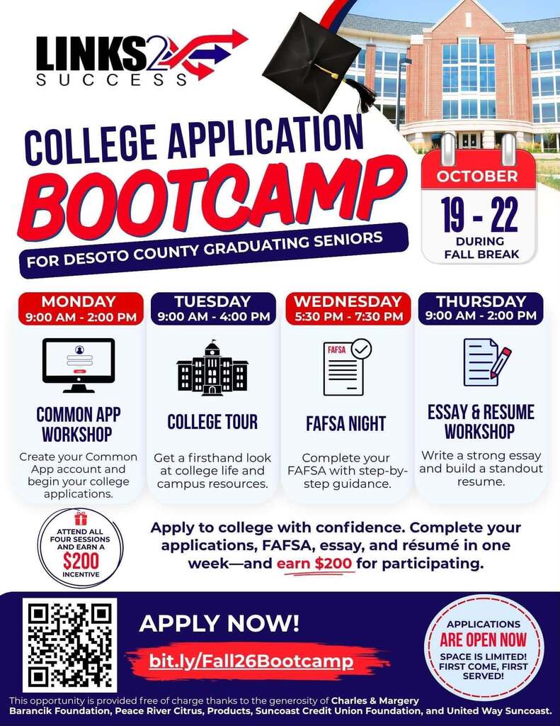 flyer, Links2Success College Application Bootcamp, October 19-22, 2026