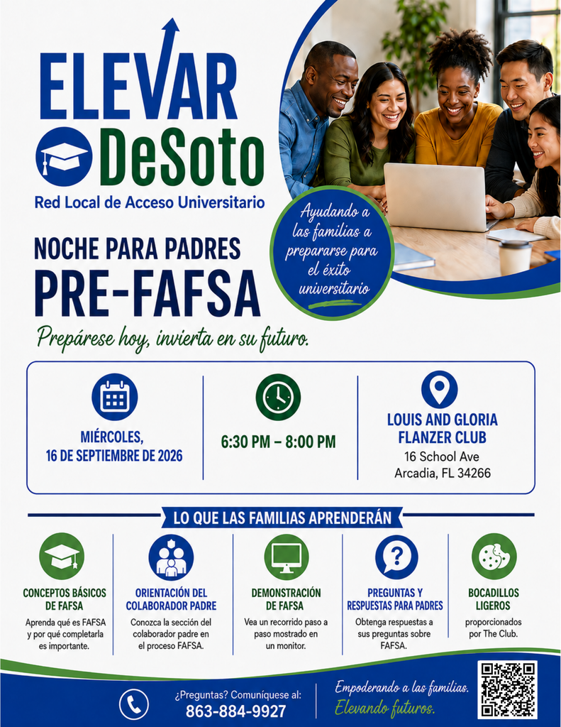 Elevate DeSoto LCAN Pre-FAFSA Parent Night Flyer in Spanish