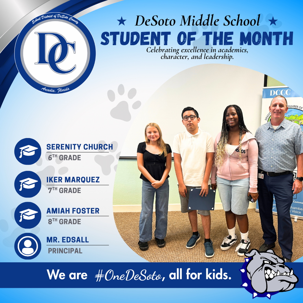 DMS Student of the Month Graphic with 3 students and assistant principal posing for picture