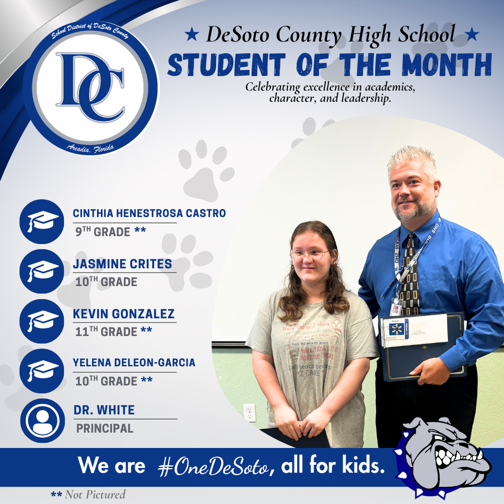 DHS Student of the Month graphic with student and principal posing for a photo