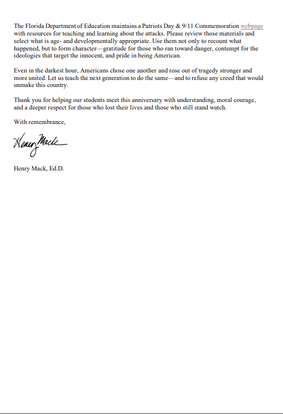 FL DOE Commissioner Mack's Memo regarding September 11th page 2