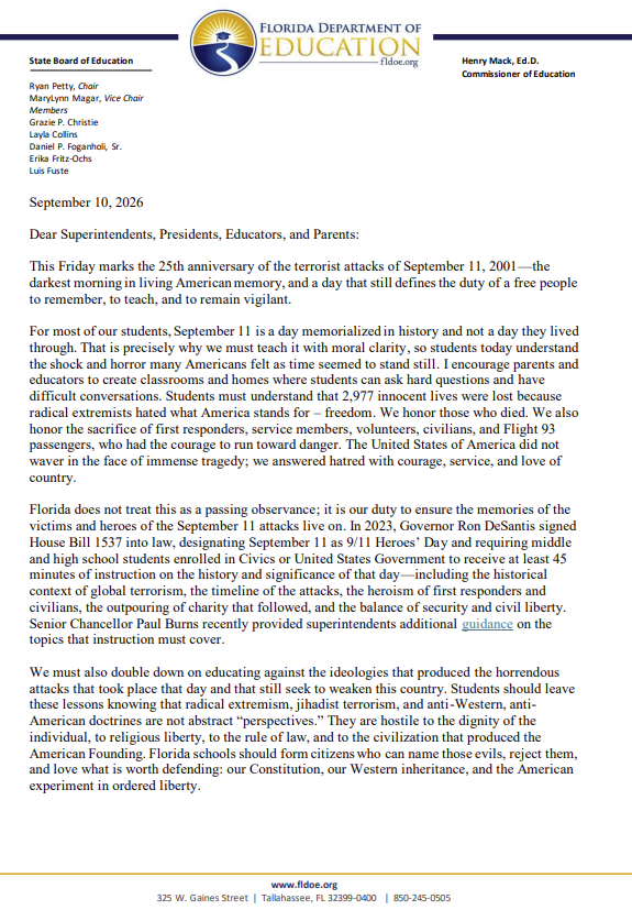 FL DOE Commissioner Mack's Memo regarding September 11th page 1