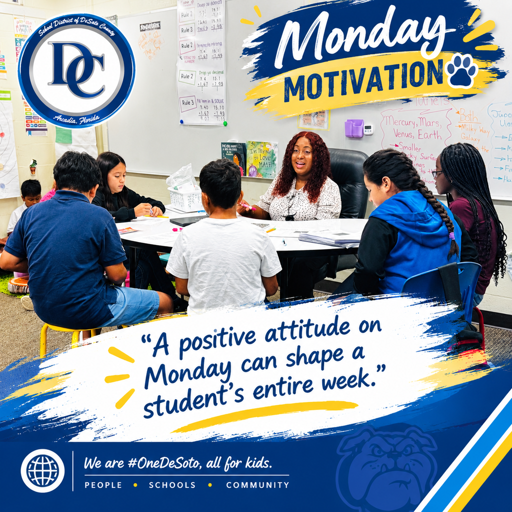 Monday Motivation: "A positive attitude on Monday can shape a student's entire week." with a photo of a teacher sitting at a group table teaching students