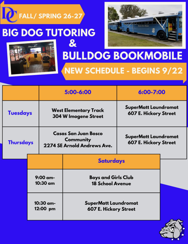 graphic "Big Dog Tutoring & Bulldog Bookmobile" flyer with dates and times