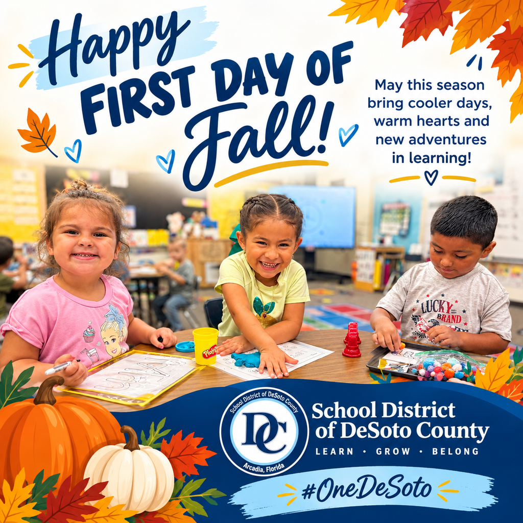 graphic Happy First Day of Fall! with 3 children working at a table