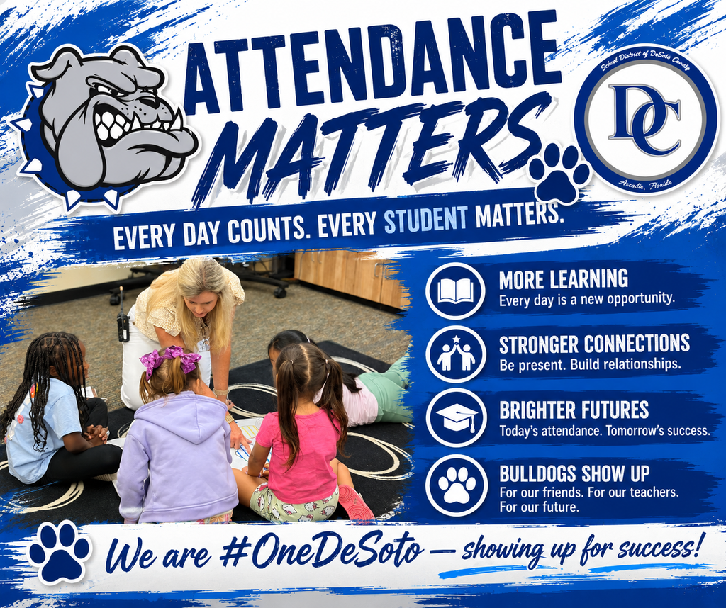 graphic "Attendance Matters" with little kids and principal doing a group activity 