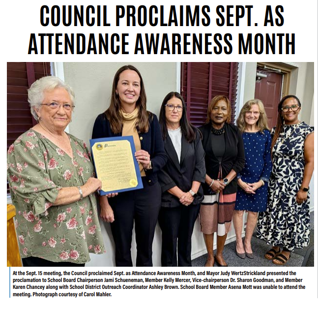 newspaper snip City Council Proclaims Sept. as Attendance Awareness Month with picture of 6 ladies possing for a photo
