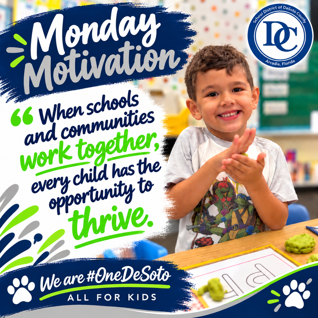 Monday Motivation graphic with little boy smiling at desk