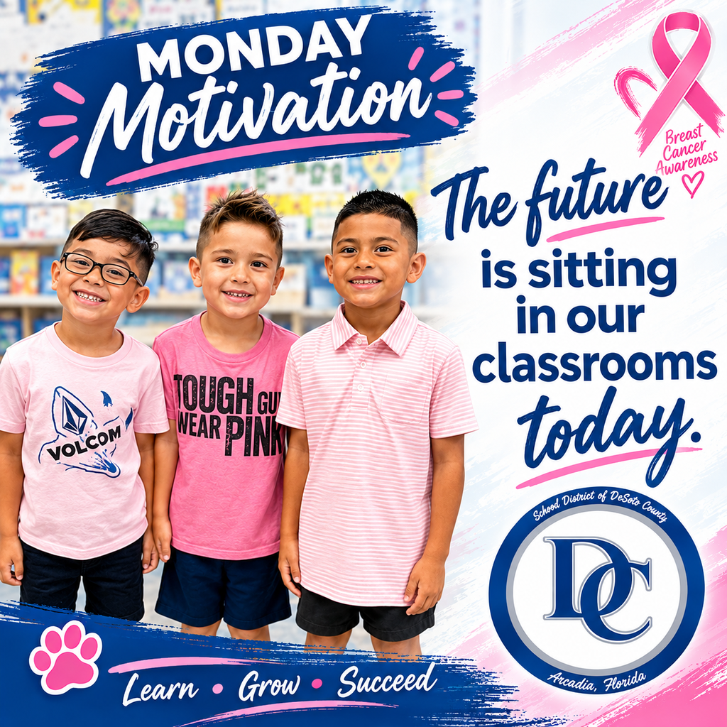 Monday Motivation graphic with 3 male students wearing pink and smiling