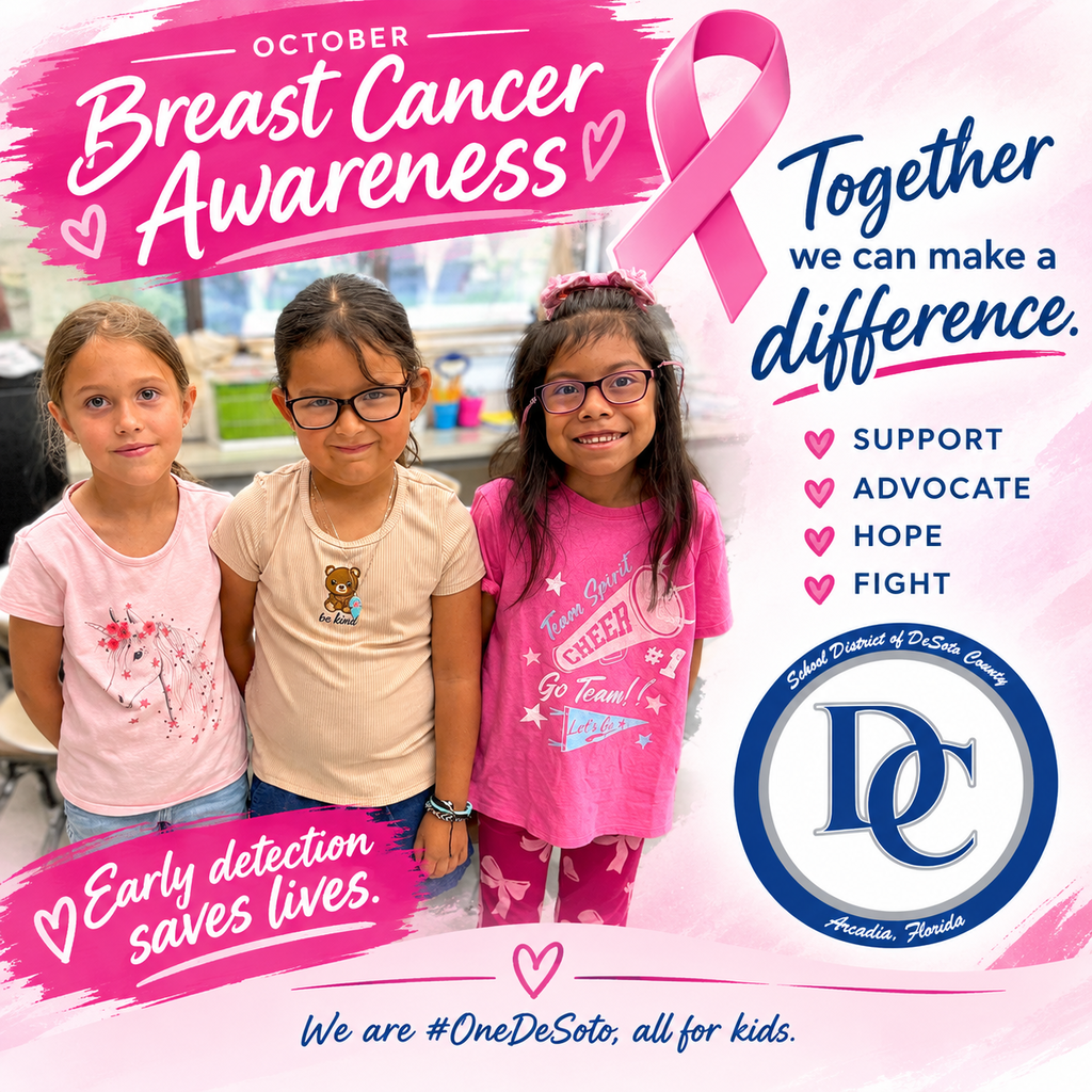 graphic "October Breast Cancer Awareness" with 3 female students smiling