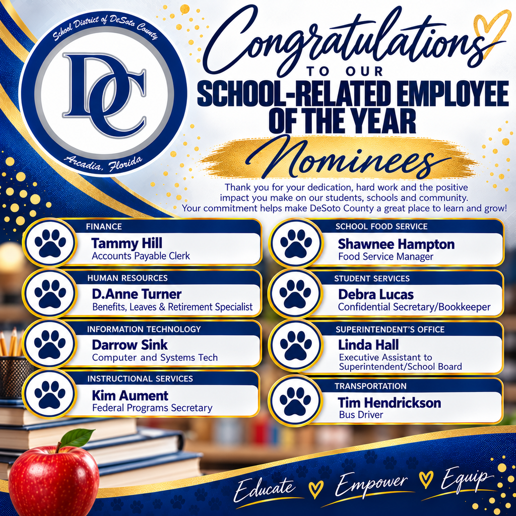 graphic with DC logo, School-Related Employee of the Year Nominees and a list of names