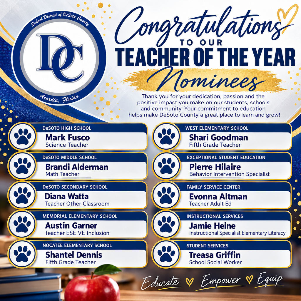 graphic with DC logo, Teacher of the Year Nominees and a list of names