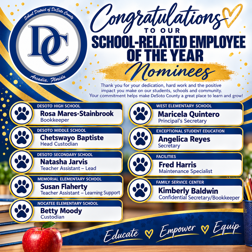 graphic with DC logo, School-Related Employee of the Year Nominees and a list of names