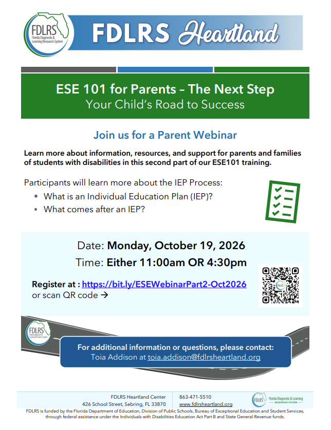FDLRS Heartland Flyer ESE 101 for Parents flyer
