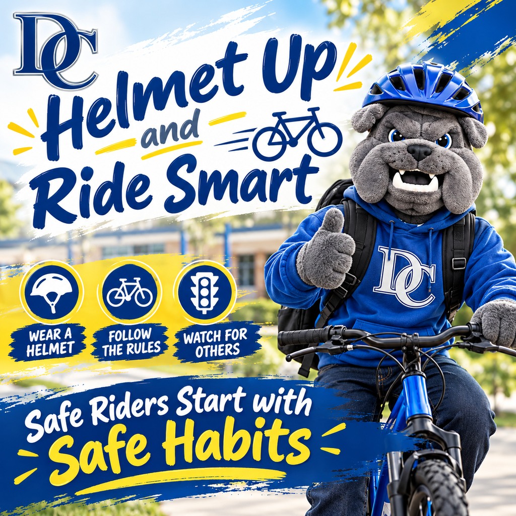 DC Helmet Up and Ride Smart graphic with bulldog riding bicycle