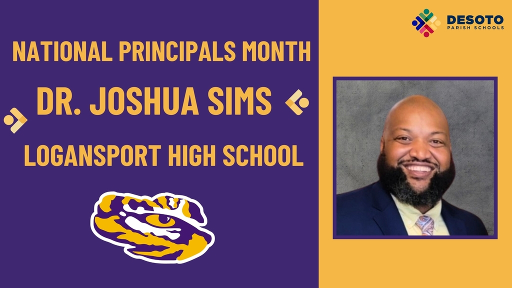 A graphic showing a photo of Principal Sims that reads, "National Principals Month" with the logo of the school