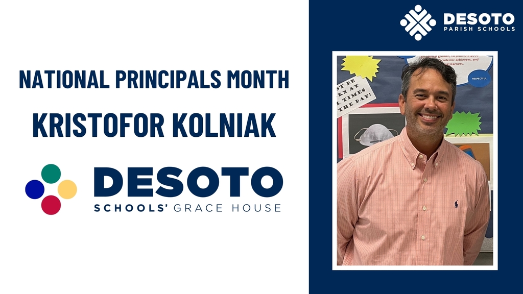 A graphic showing a photo of Principal Kolniak that reads, "National Principals Month" with the logo of the school