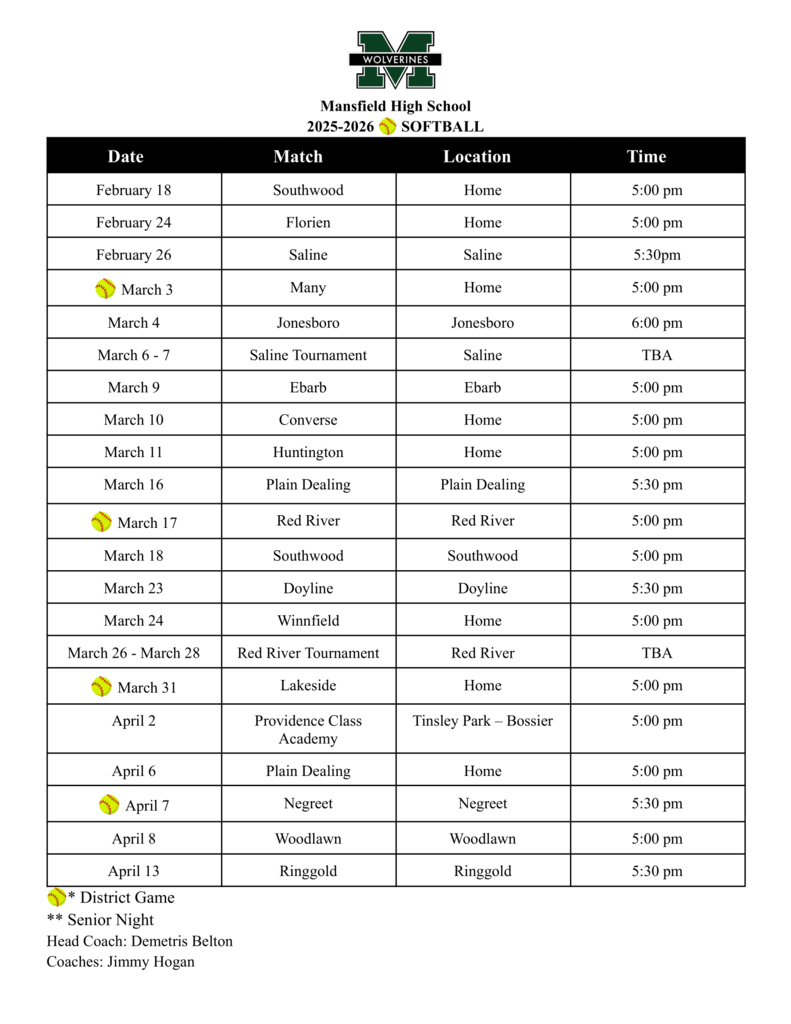 Softball Schedule