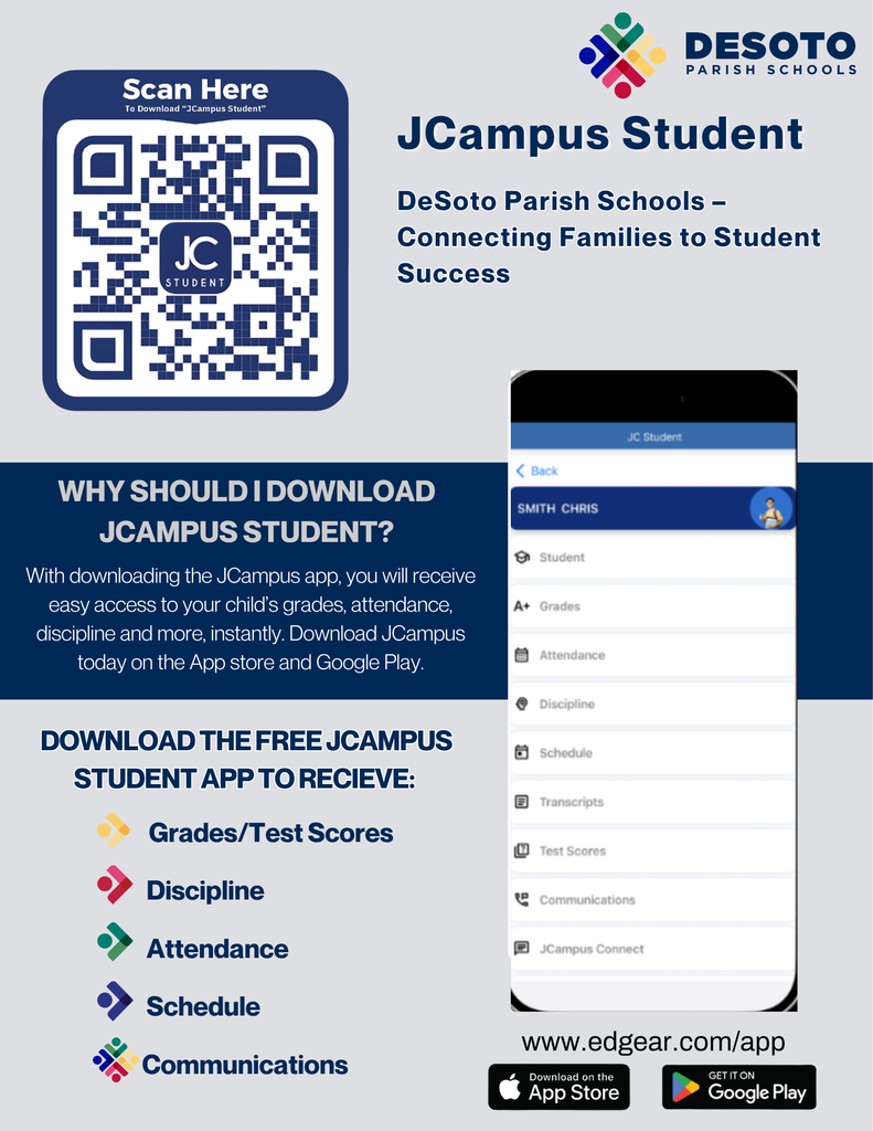JCampus Student APP- QR Code- Download The Free JCampus APP to Receive Grades/Test Scores. Discipline, Attendance, Schedule, Communications 