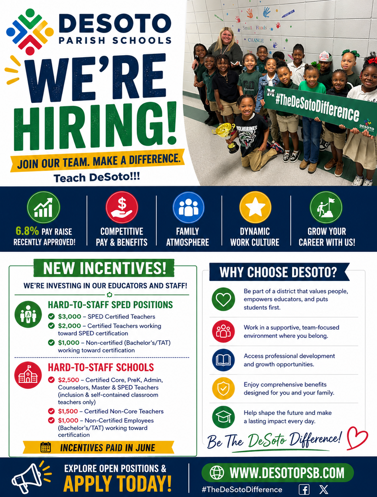 A flyer for DeSoto Parish Schools displays text "We're Hiring!" with a diverse group of children in the background.