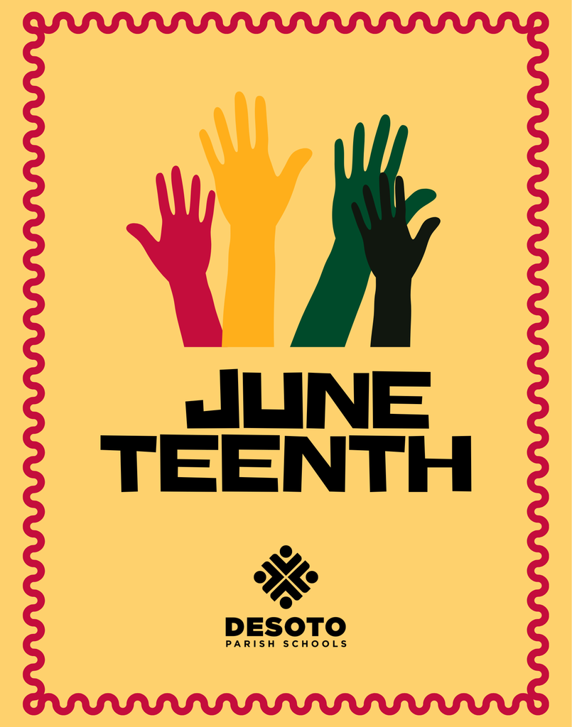 An advertisement poster for June Teenth with four raised hands in red, yellow, green, and black. Bordered by a red and yellow pattern.